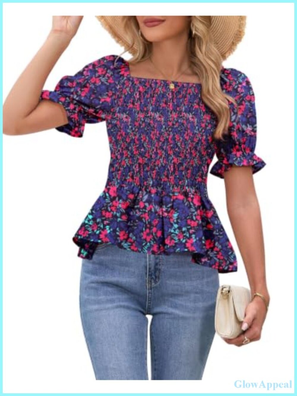 Puff Sleeve Babydoll Top Floral Smocked Square Neck Peplum Blouse Loose Fit